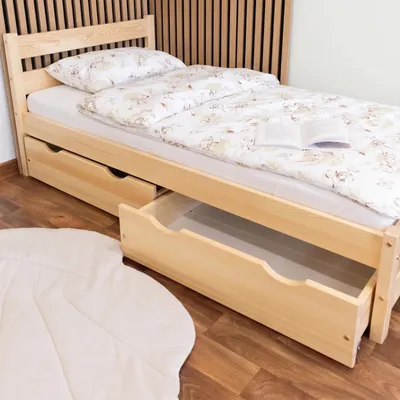 Produktbild von MEBLE WRÓBEL Kinderbett 80x160 cm mit 2 Schubladen und Lattenrost - Einzelbett aus Kiefer Massivholz - Kinder Bett Montessori – Jugendbett Unlackiert - ohne Matratze