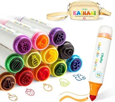 Productafbeelding van Wasbare markers voor kinderen, 12 levendige kleuren viltstiften met stempels | Niet giftig op waterbasis