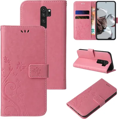 Produktbild von Handyhülle für Xiaomi Redmi Note 8 Pro Floral Blumen Schmetterling Flip Cover Hülle Case Klapphülle Handytasche Farbe: Rosegold