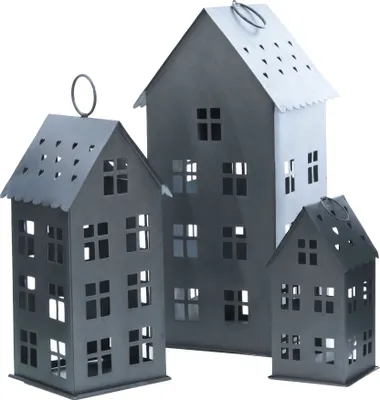 Produktbild von 3er Set Laterne in Hausform zum Aufhängen 43 / 31 / 20 cm - dunkelgrau - Deko Lampion Außen Innen - Kerzenhalter Windlicht Haus mit Herzen