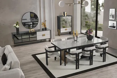 Image de Ensemble de salle à manger moderne Table de salle à manger 8x chaises Buffet miroir 11pcs