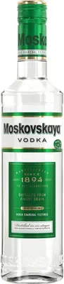 A bottle of Moskovskaya Vodka against a white background.