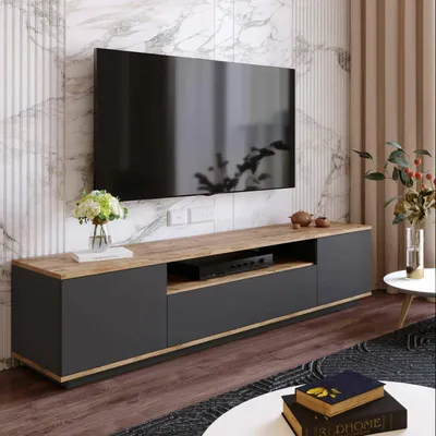 Image de Asellina - Meuble TV, 180x45x45h cm Chêne Brun, 2 Étagères