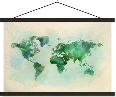 Produktbild von MuchoWow® Textilposter Weltkarte - Aquarell - Grün 90x60 cm mit schwarzem Rahmen - Aufhängungssatz