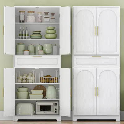 Immagine prodotto di Armadio alto con 4 ante e cassetto, colore bianco. Mobile da cucina e contenitore per il soggiorno, dimensioni 40x75x181 cm