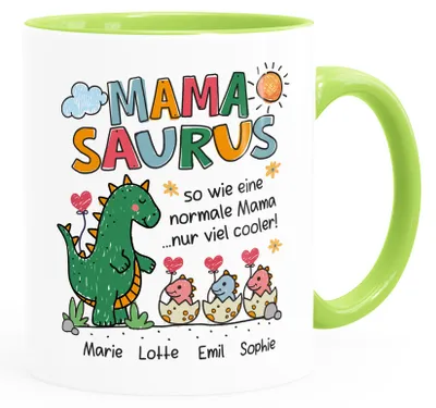 Produktbild von Tasse Dino Papasaurus mit Namen 1 2 3 Kinder personalisierte Geschenke für Papa Mama zum Vatertag Muttertag SpecialMe® Mama weiss-innen-hellgruen standard