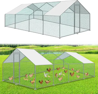 Image de Jayseuw Poulailler Outdoor grand poulailler toit enclos libre poulailler avec PE Cadre en acier galvanisé et porte verrouillable 3 x 8 x 2 m