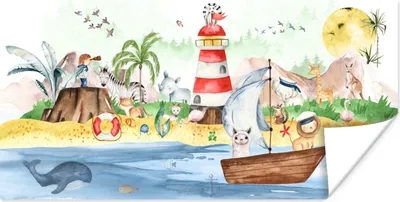 Produktbild von MuchoWow® Poster Strand - Tiere - Kinder - Leuchtturm - Jungen 160x80 cm - Foto Poster