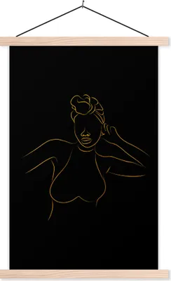 Produktbild von MuchoWow® Textilposter Frau - Schwarz - Gold - Strichzeichnung 40x60 cm mit holzfarbenen Rahmen - Poster