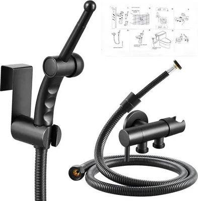 Produktbild von Famanu Bidet-Handduscheset mit 1,2 m flexibler Schlauch und Halter - Schwarz