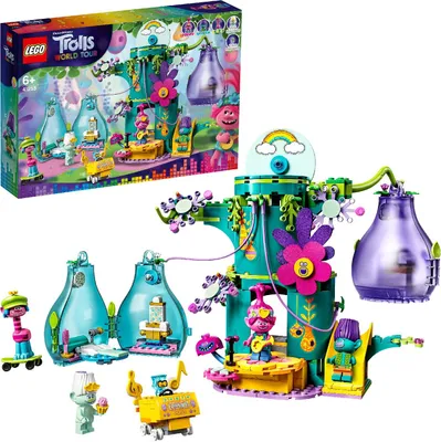 Produktbild von LEGO 41255 Trolls World Tour Party in Pop City Baumhaus-Set mit 2 Wohnblüten, tragbares Reisespielzeug