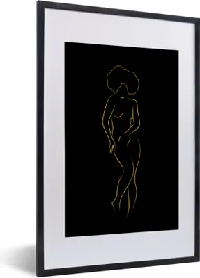 Produktbild von MuchoWow® Gerahmtes Poster Frau - Gold - Schwarz - Strichzeichnung 40x60 cm - Poster mit Schwarzem Bilderrahmen Wandposter Rahmen Foto Bilder - Poster in Rahmen