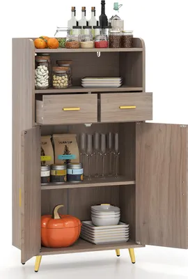Produktbild von COSTWAY Mehrzweckschrank mit Doppeltür, 2 Schubladen, Regal, Wohnzimmerschank Holz, Küchenschrank, Aufbewahrungsschrank, 60x30x113cm, Grau