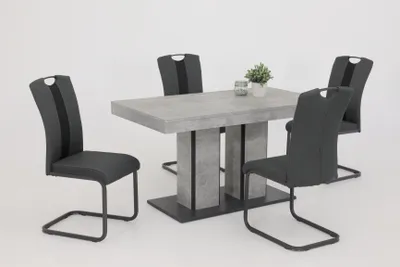 Produktbild von Hela Tische, 5tlg. ESSGRUPPE Rose, Nachbildung Betonoptik, 2 Säulenfüße mit Kante Schwarz, Freischwinger Stühle, Webstoff Anthrazit, Vierkantgestell Grau