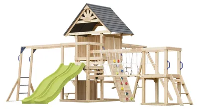 Produktbild von AXI Hunter Spielturm aus Holz mit 2 Schaukeln & doppelter Rutsche in Hellgrün | XXL Spielhaus / Spielplatz für Kinder mit Klettergerüst,