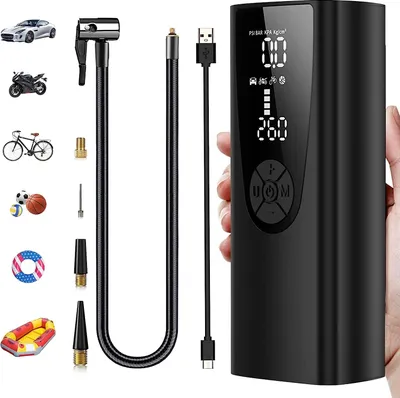 Produktbild von Elektrická vzduchová pumpa s 8000mAh batériou, 150PSI batériová vzduchová pumpa s manometrom/digitálnym LED displejom, mini kompresor s USB/LED svetlom pre auto, motocykel, bicykel, lopty a plavecké kruhy