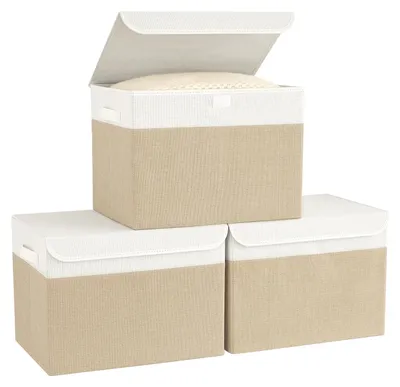 Immagine prodotto di Contenitori per tessuti con coperchio e maniglie, set da 3, color beige