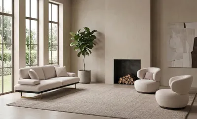 Zdjęcie produktu dla Komplet wypoczynkowy: sofa i fotel, nowoczesny design, kolor beżowy, elegancki,  idealny do salonu, tapicerowany