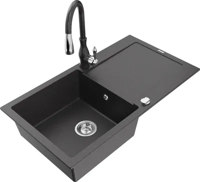 Produktbild von Mexen Leo 1 Becken-Granitspüle mit Abtropffläche und Mischbatterie Savita, Schwarz gesprenkelt - 6501-76-672601-76