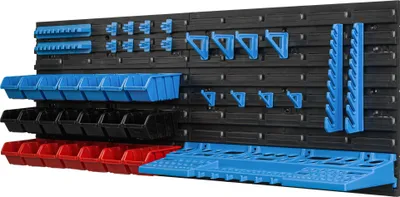 Produktbild von 21 Stapelboxen Wandregal Kunststoff 115,8 x 39 cm Werkzeughalter Werkstatt Garage Lagersystem Sichtlagerkästen Schütte