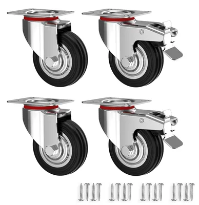 Image de Lot de 4 roulettes de transport, 75 mm – Roulettes pour charges lourdes avec freins, jusqu'à 50 kg par roulette – Roulettes pivotantes pour usage intérieur et extérieur – Roulettes industrielles en caoutchouc plein – Roulettes en caoutchouc silencieuses