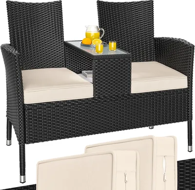 Produktbild von CASARIA® Gartenbank Sitzbank inkl. Auflagen Wetterfest Polyrattan 320kg Belastbar Tisch Ablage UV-beständig Garten Balkon Bank 2-Sitzer 143x55cm Schwarz