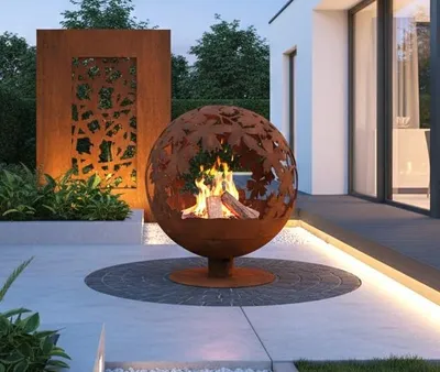 Produktbild von Feuerstelle Feuerschale Kugelform Blattmotiv Rostoptik 58x58x65 cm Firebowl World  Jet-Line
