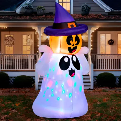 Aufblasbarer Halloween-Geist 1,5 m mit LED, Kürbiskopf & Hexenhut