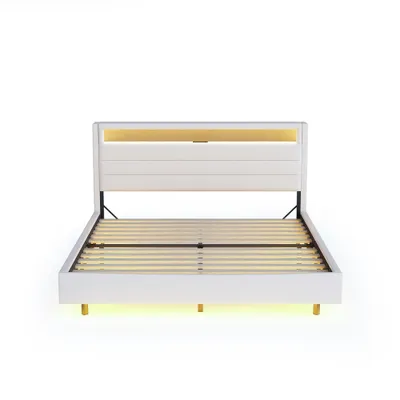 Produktbild von okwish Polsterbett Doppelbett 140 x 200 cm mit USB-Ladeanschluss und LED-Beleuchtung, Funktionelles Stauraumbett mit Kopfteil mit Stauraum(Ohne Matratze)- Grau