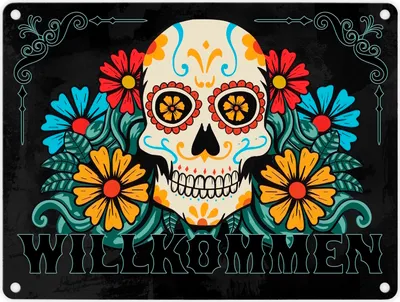 Produktbild von Willkommen Metallschild in 15x20 cm mit Totenkopf und Blumenmotiv