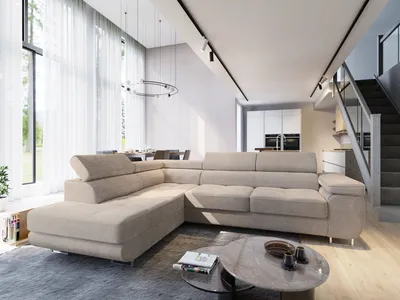 A modern living room with a large sectional sofa.