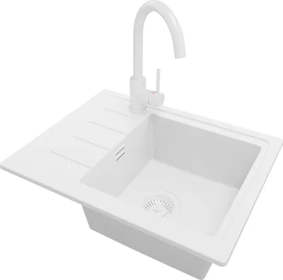 Produktbild von PRIMAGRAN Granitspüle Alles Weiß 55x44cm, Spülbecken 1 Becken + Küchenarmatur 32x20cm + Ablauf-Set, Küchenspüle ab 45er Unterschrank - Kopenhagen Easy