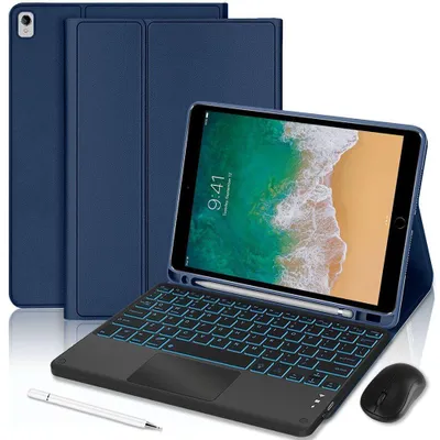 Image de Coque Clavier pour iPad Air 3 10,5" / iPad Pro 10,5" - CuirPolyuréthaneBleu Marine avec Clavier Rétroéclairé + Souris + Stylet