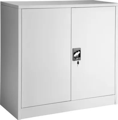 A white metal filing cabinet with two doors and a lock.