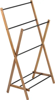 A wooden towel rack with black bars against a white background.