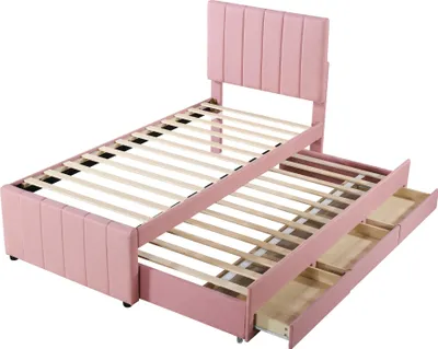 Immagine prodotto di Letto imbottito 200x90 cm, con cassetti, con spazio contenitivo, con letto a scomparsa, con testiera imbottita, color beige