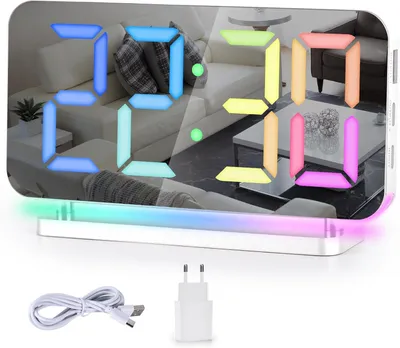 Produktbild von Wecker Nachttisch,7,4" LED-Spiegeluhr mit 10 Modi RGB-Nachtlicht,11 Farben ,Automatische Dimmung,USB-C-Ladeanschluss,Schreibtischuhr für Schlafzimmer