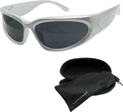 Produktbild von Schnelle Brille Sonnenbrille Silber Sportbrille Raverbrille Schwarz Getönt Festival Techno Brille mit Hardcase Luxxada®