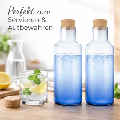 Produktbild von 2x Wasserkaraffe 1,25L Smoke Blau Karaffe mit Korken Deckel Glas Wasser Kanne