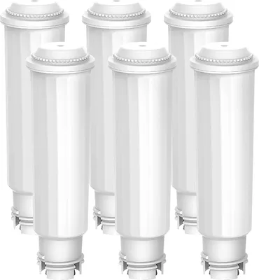 A group of six white water filter cartridges arranged in a grid.