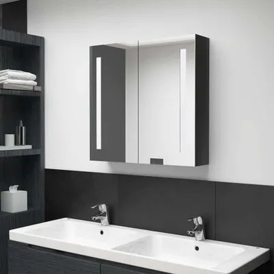Zdjęcie produktu dla Living Store Szafka z lustrem LED do łazienki czarna błyszcząca 62x14x60 cm