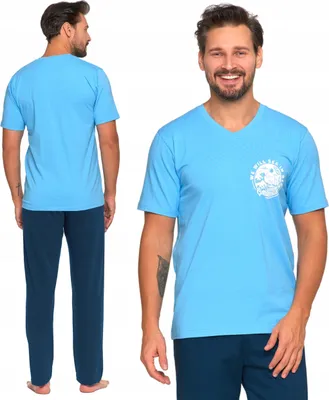 Zdjęcie produktu dla Piżama męska T-shirt krótki rękaw długie spodnie klasyczne MORAJ - L