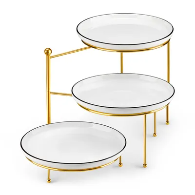 Produktbild von MALACASA 3-Stöckiges Porzellan Servier-Etagere, Tortenständer mit goldenem Metallgestell, Kuchenständer, Rund