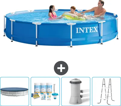 Immagine prodotto di Piscina Intex con struttura rotonda - 366 x 76 cm - Blu - include copertura - pacchetto manutenzione - pompa filtro per piscina - scaletta