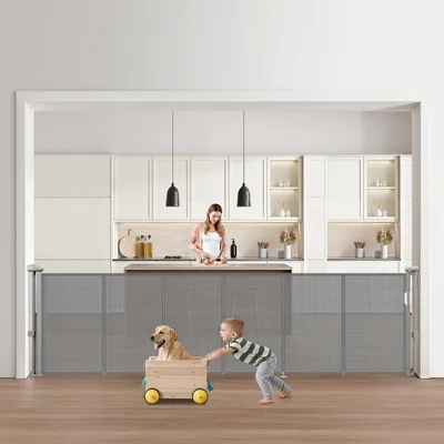 Produktbild von VEVOR einziehbares Babygitter Hundegitter ausziehbar auf 280 cm Breite / 87 cm Höhe, Haustiergitter Schutzgitter aus Netzmaterial für Innentreppen Türen Flure Spielzimmer, Treppenschutzgitter GrauVEVOR einziehbares Babygitter Hundegitter ausziehbar auf 280 cm Breite / 87 cm Höhe, Haustiergitter Schutzgitter aus Netzmaterial für Innentreppen Türen Flure Spielzimmer, Treppenschutzgitter Grau