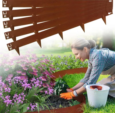 Produktbild von Jayseuw Rasenkante mit Spitzen Metall 100 x 18 cm 50m Beeteinfassung Mähkante Verzinkt Wegbegrenzung Beetumrandung Palisade Rost