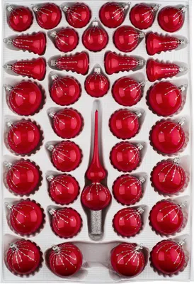 Produktbild von 39 tlg. Glas-Weihnachtskugeln Set in Hochglanz Rot Silber Regen