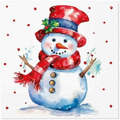 Produktbild von 20 Servietten Watercolor Snowman - Schneemann aus Wasserfarben 33x33cm