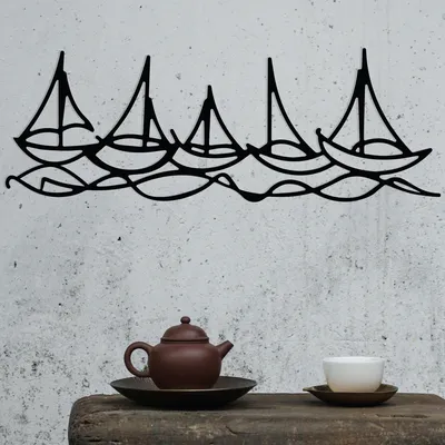 Image de Wallity, Ships In Water, Accessoire mural décoratif en métal, 100 % METAL (épaisseur : 1,2 mm), noir, 68 x 24 cm