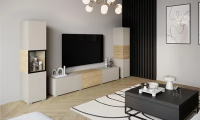 Produktbild von MINIO go for it, Wohnwand BRELA III, 3-teilig, TV Board mit Vitrine und Schrank, 210 cm, Kaschmirbeige / geölte Eiche